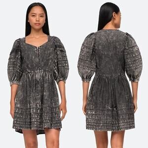 NWT Sea New York Chambray Denim Dylan Puff Sleeve Pleated Mini Dress Black